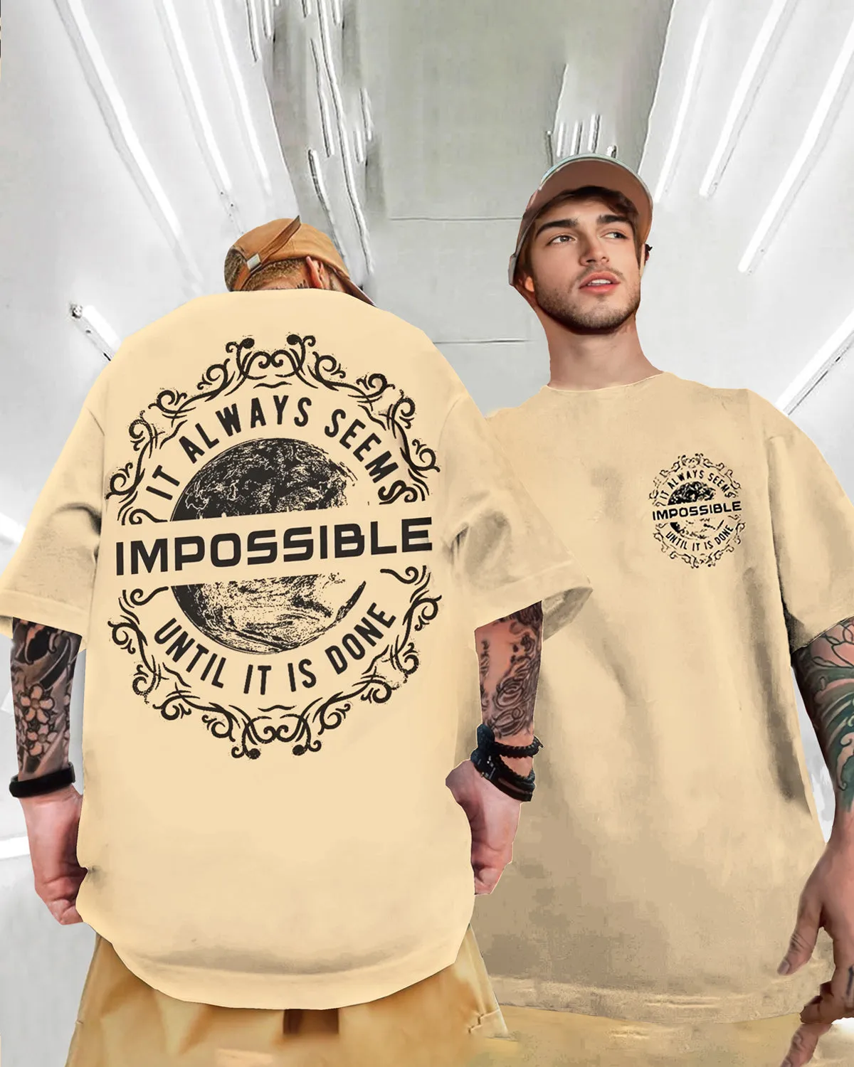 Men Oversized Beige IMPOSSIBLE Back Printed T-shirt