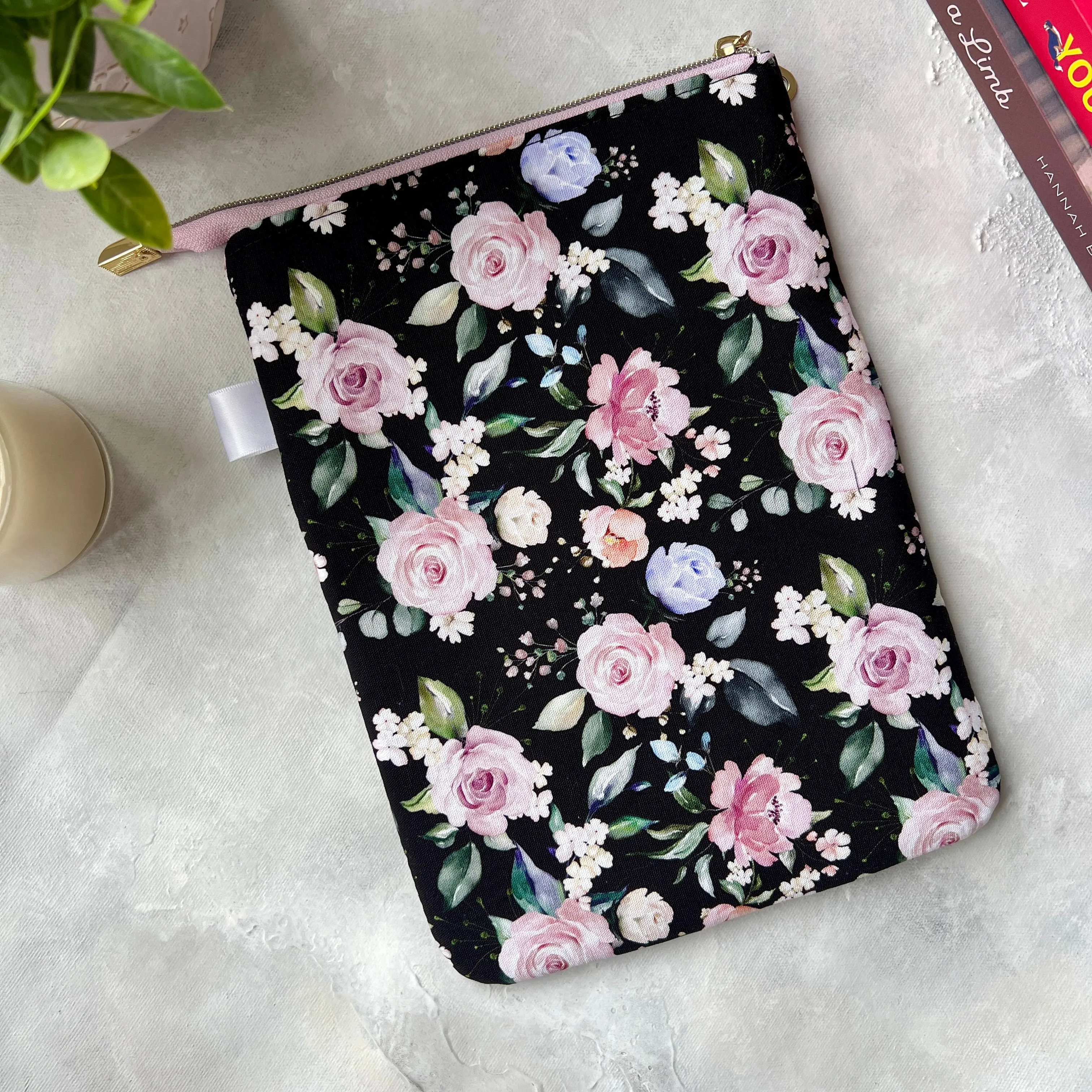 Pink and Black Floral -  Zippered Book Sleeve