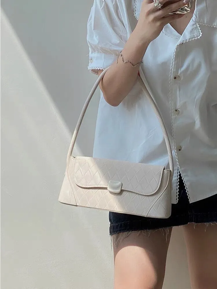 Pink Diamond Pattern Leather Handbag, Underarm Handbag, Cute Baguette, Shoulder bag for Women, White Handbag for Girls, Vegan Leather Bag