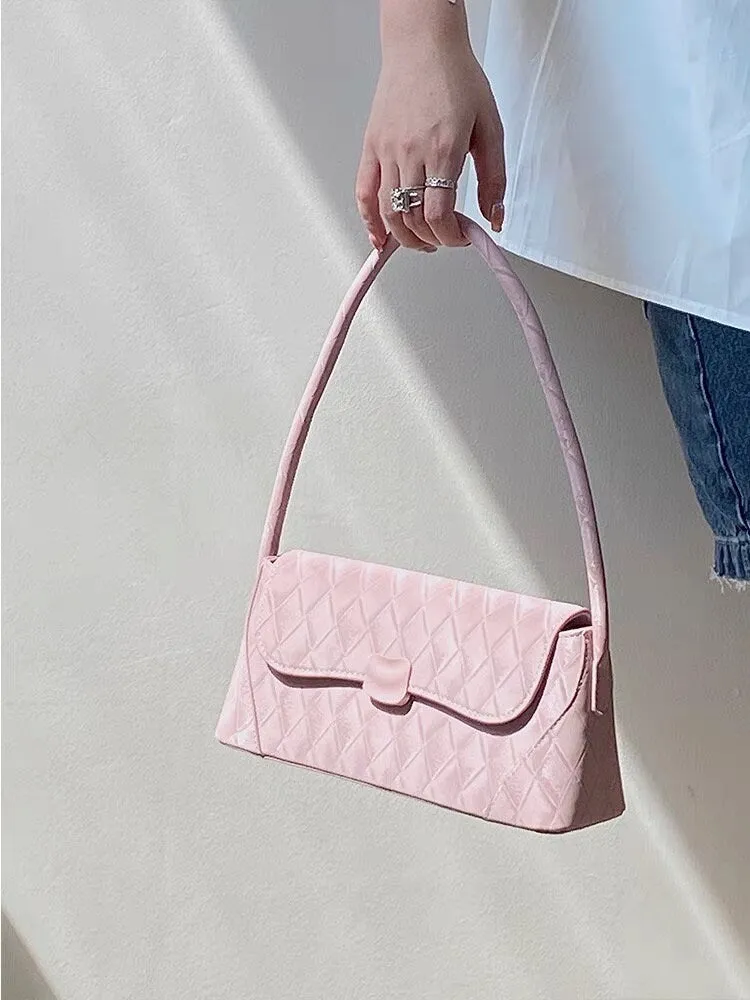 Pink Diamond Pattern Leather Handbag, Underarm Handbag, Cute Baguette, Shoulder bag for Women, White Handbag for Girls, Vegan Leather Bag