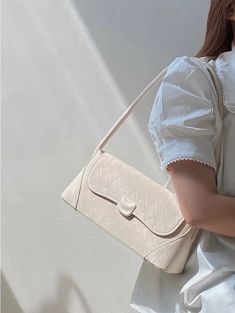 Pink Diamond Pattern Leather Handbag, Underarm Handbag, Cute Baguette, Shoulder bag for Women, White Handbag for Girls, Vegan Leather Bag