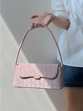 Pink Diamond Pattern Leather Handbag, Underarm Handbag, Cute Baguette, Shoulder bag for Women, White Handbag for Girls, Vegan Leather Bag