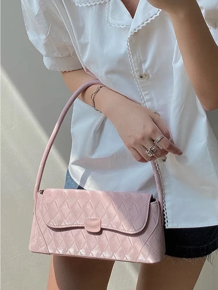 Pink Diamond Pattern Leather Handbag, Underarm Handbag, Cute Baguette, Shoulder bag for Women, White Handbag for Girls, Vegan Leather Bag