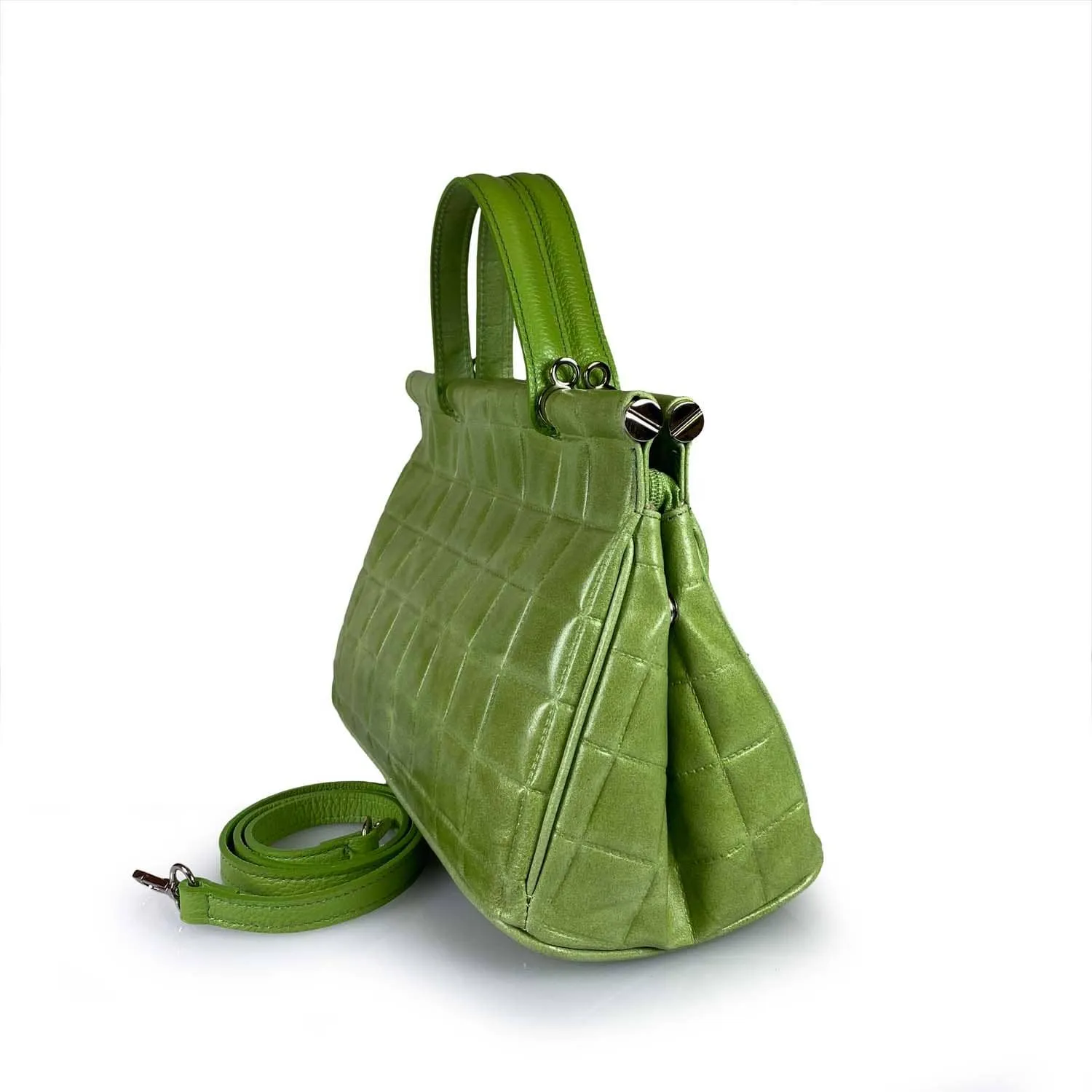 Quilted Pattern Green Leather Medium Handbag Handmade In Italy