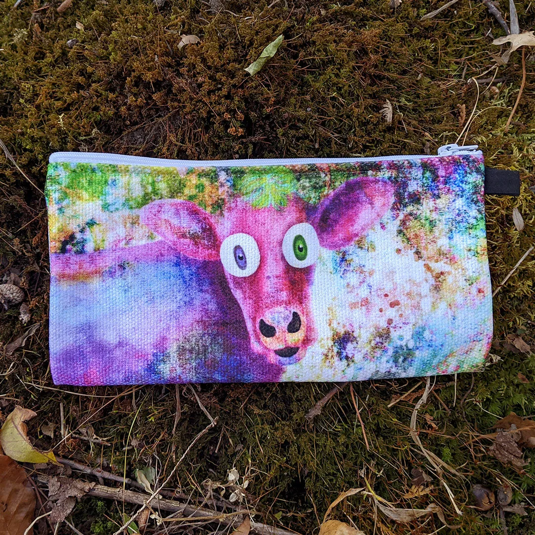 "Cowpassionate Living - Pink Cow Vintage Pop" Small Zipper Pouch - Pencil Case - Vegan Makeup Bag