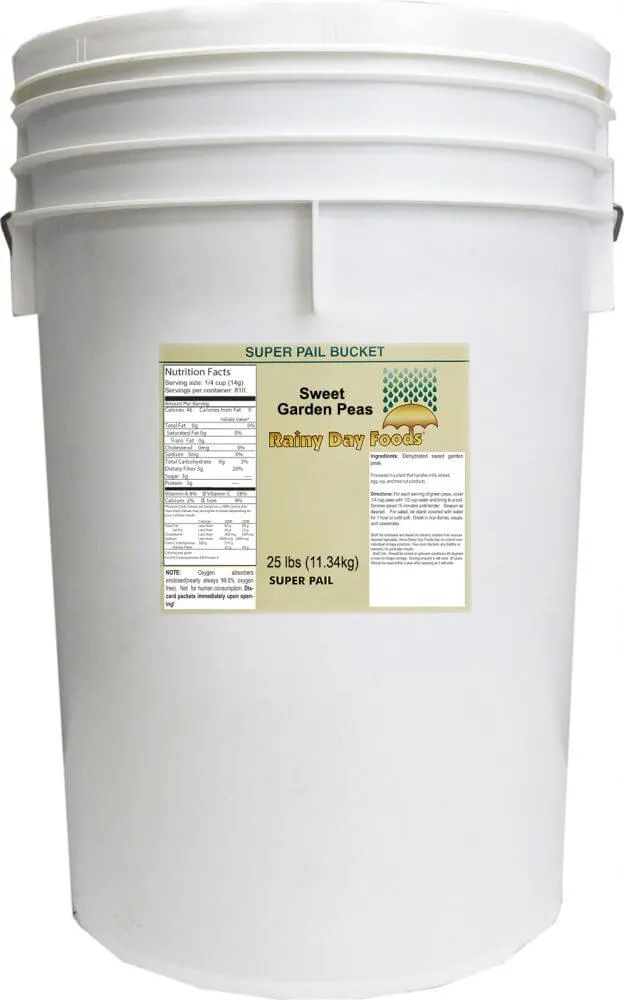 Rainy Day Foods Non-GMO Garden Peas Sweet 5 Gallon 20 lbs Super Pail - 648 Servings