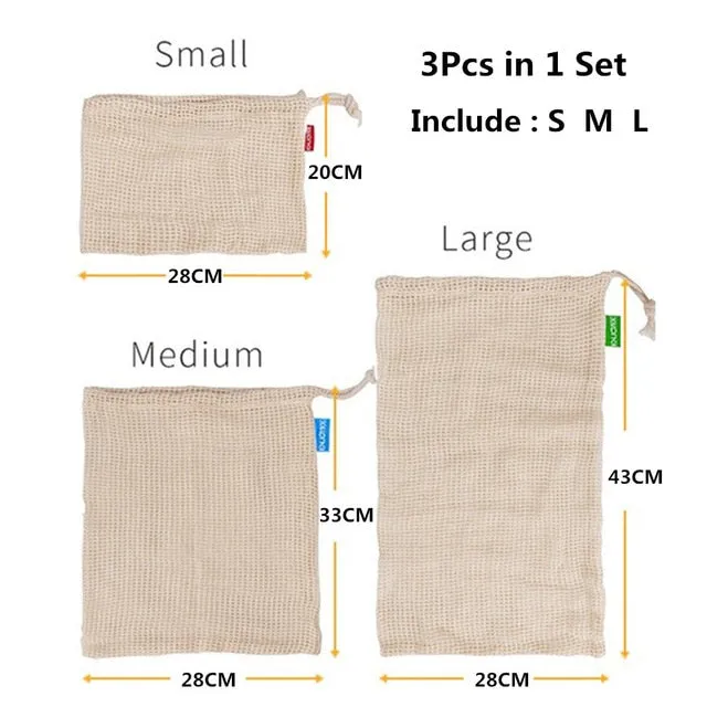 Reusable Eco Friendly Cotton Mesh Produce Bags for Vegetables & Fruit - Washable Storage Bags