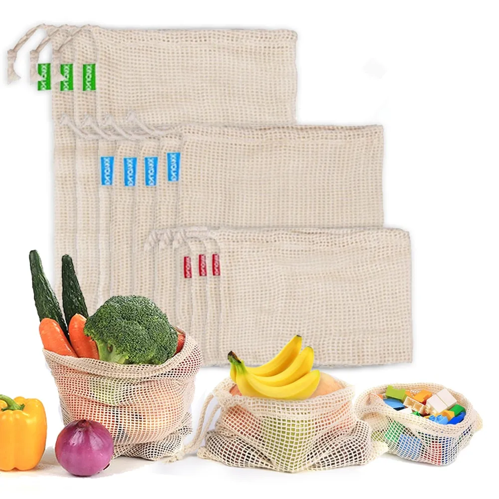 Reusable Eco Friendly Cotton Mesh Produce Bags for Vegetables & Fruit - Washable Storage Bags