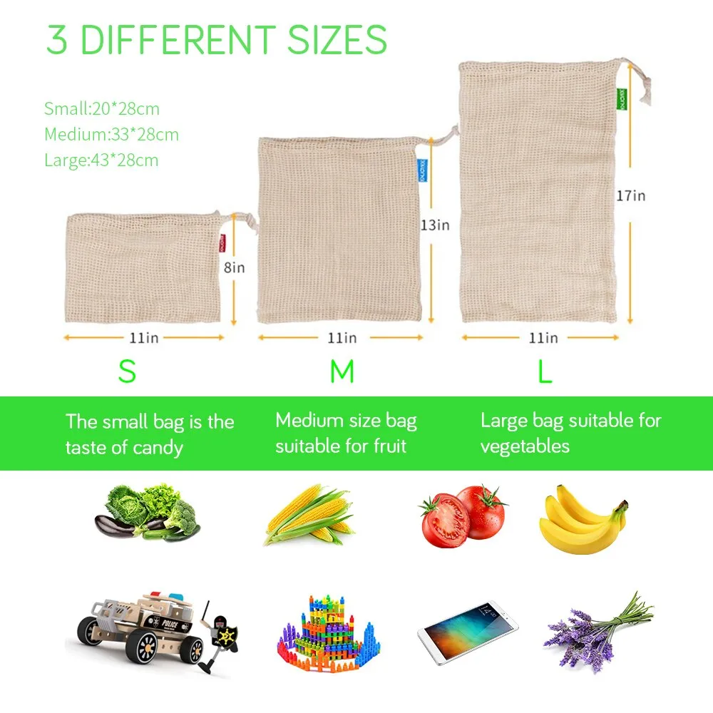 Reusable Eco Friendly Cotton Mesh Produce Bags for Vegetables & Fruit - Washable Storage Bags