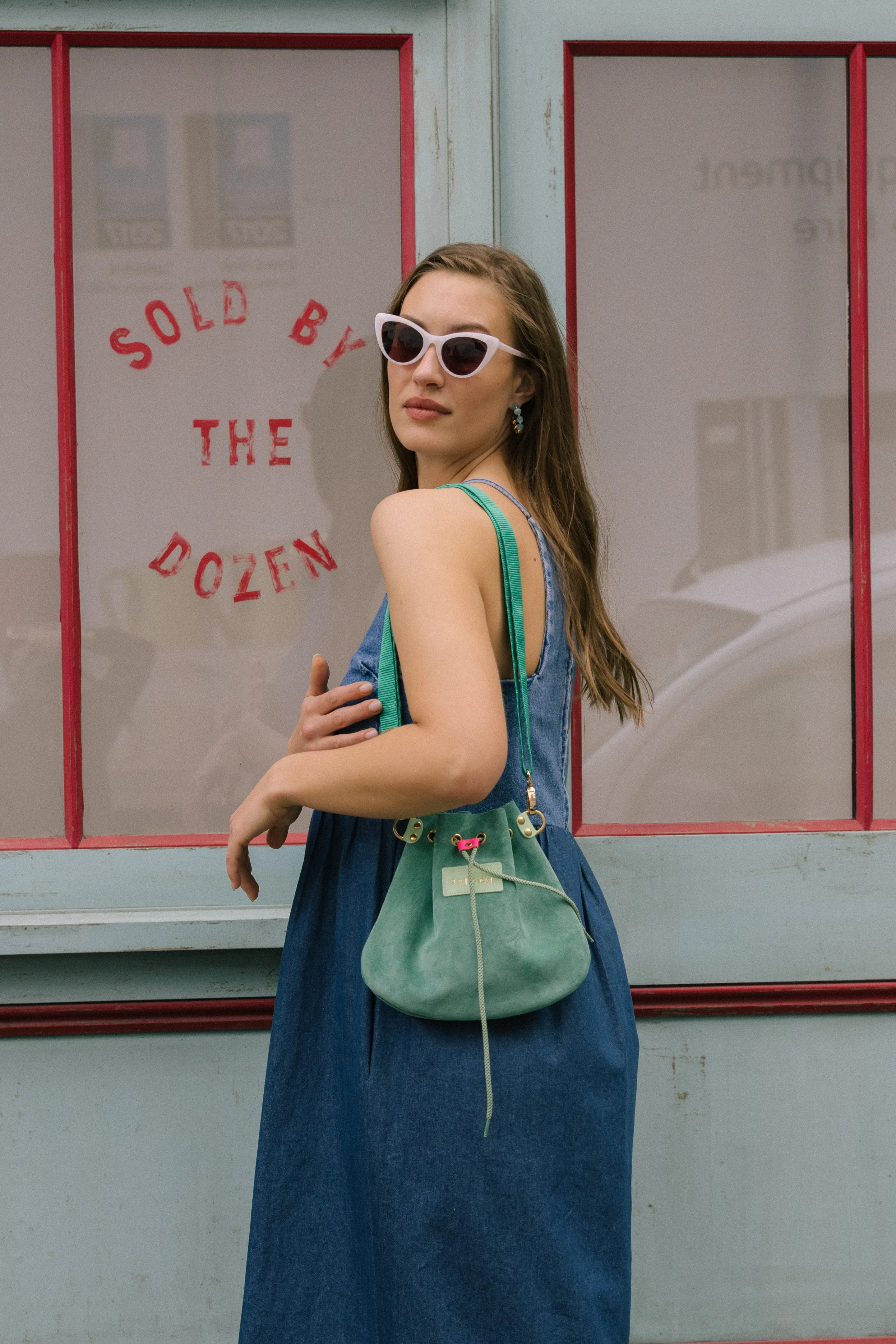 Rhea Gathered Suede Bag in Menta by Antigone