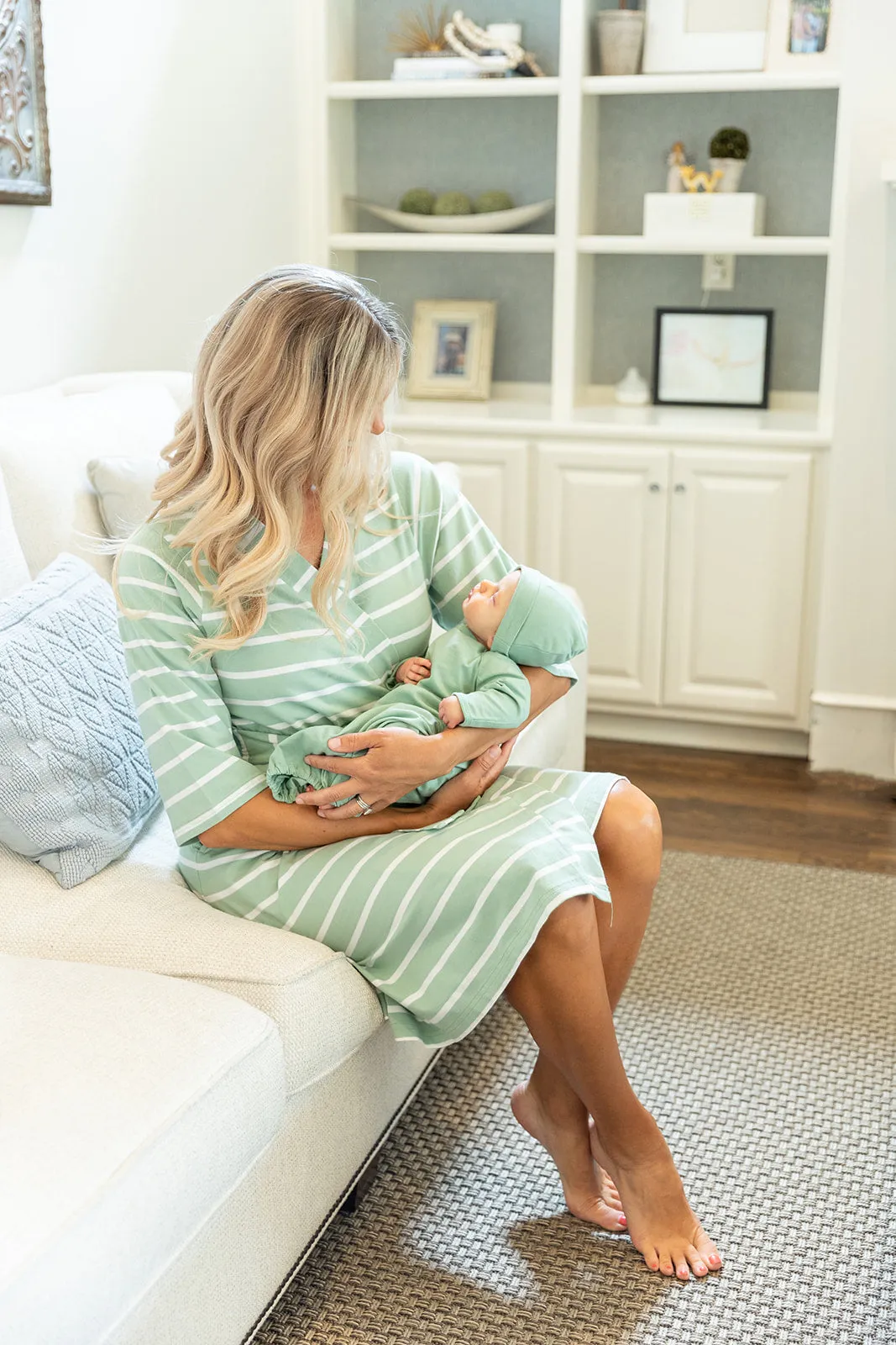 Sage Stripe  Robe & Sage Baby Receiving Gown Set