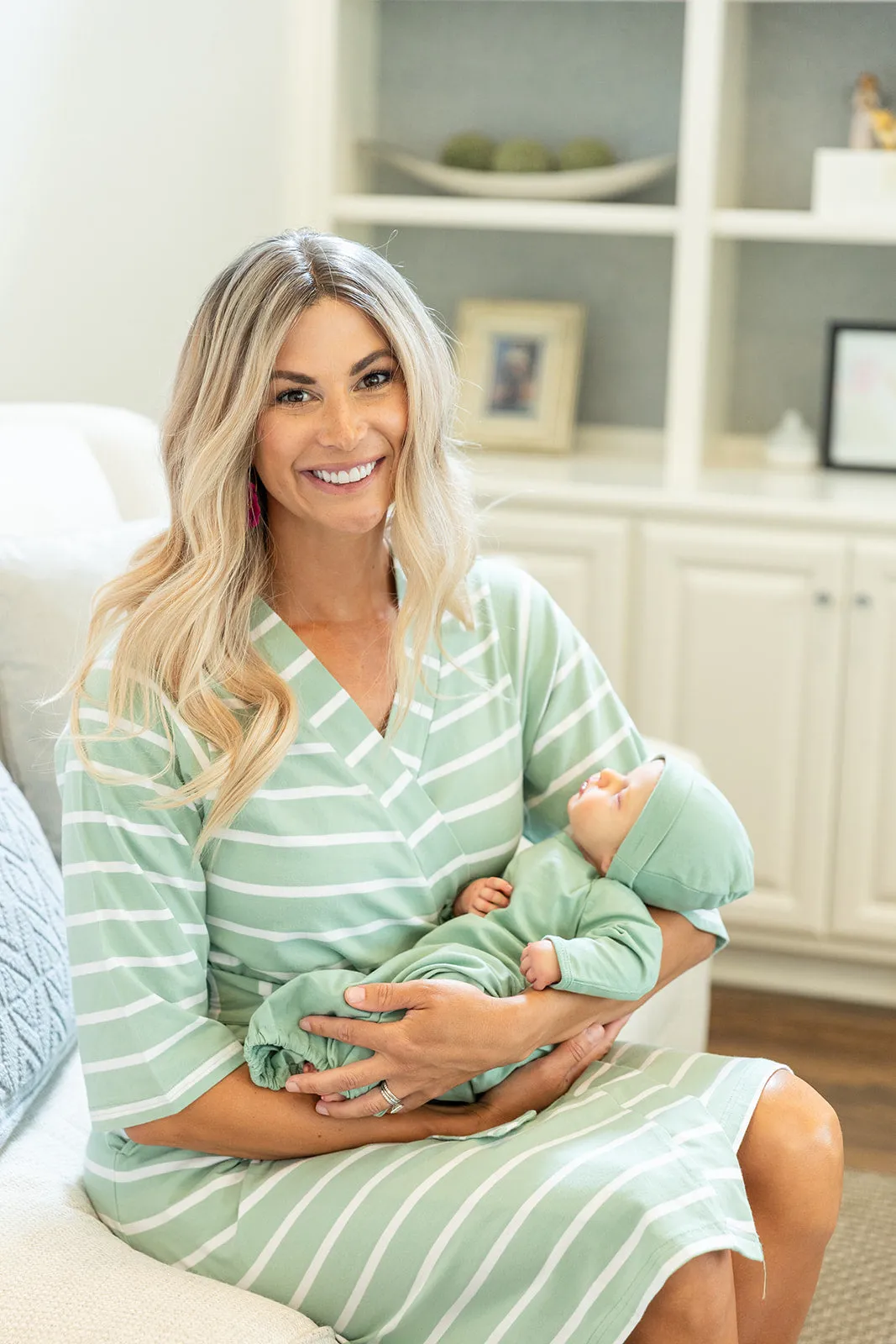 Sage Stripe  Robe & Sage Baby Receiving Gown Set