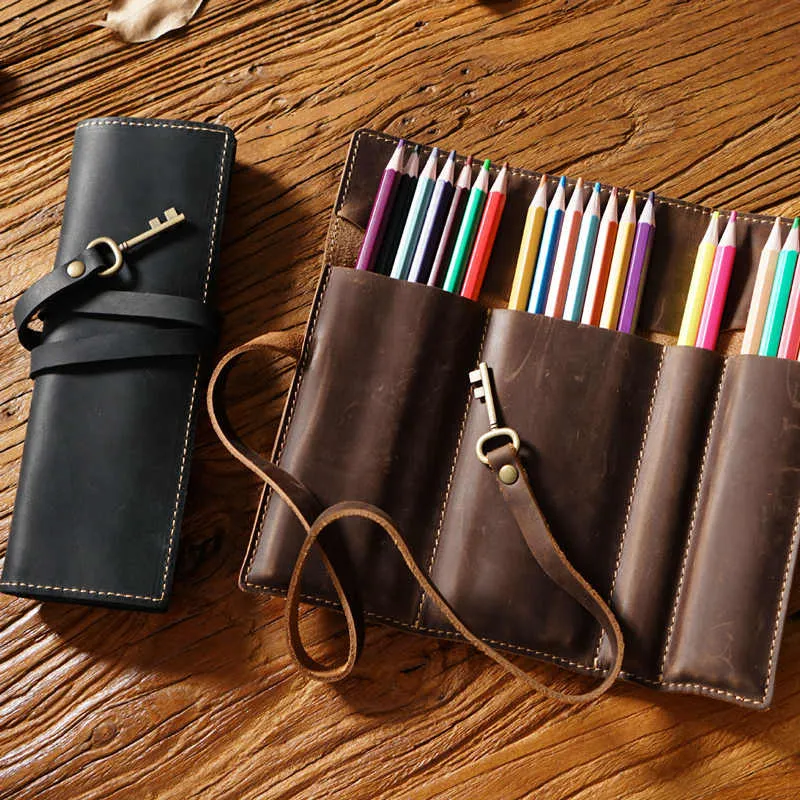 School Leather Pencil Case Pen Roll