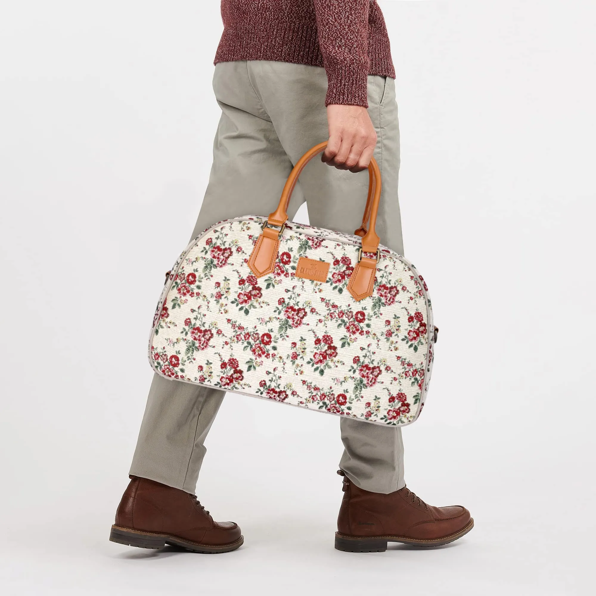 The Clownfish Ziana Series 24 litres Tapestry & Faux Leather Unisex Travel Duffle Bag Luggage Weekender Bag (White-Floral)