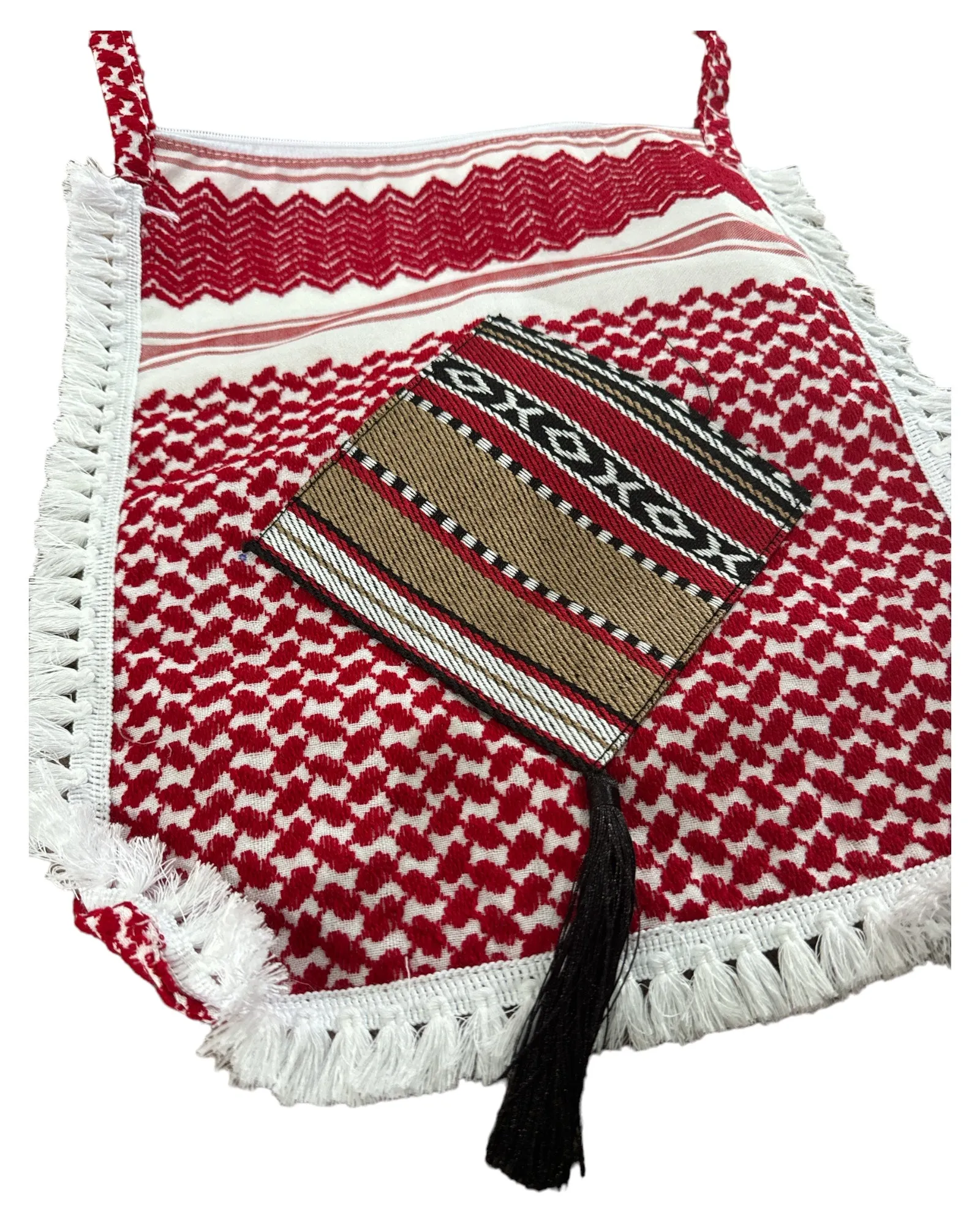 The Red & White Keffiyeh Handbag with Traditional Embroidery & Tarboosh 2 – A Tapestry of Heritage and Style