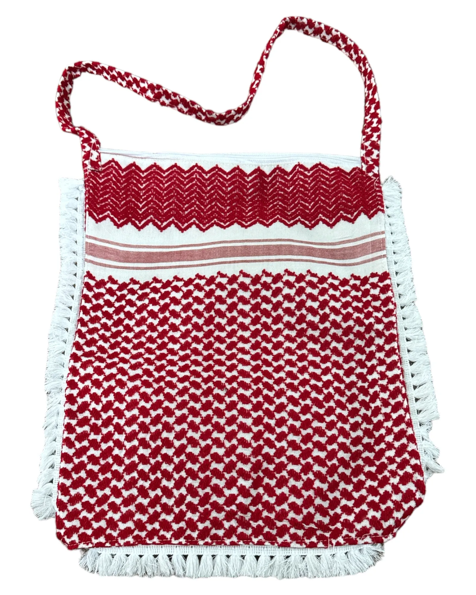 The Red & White Keffiyeh Handbag with Traditional Embroidery & Tarboosh 2 – A Tapestry of Heritage and Style