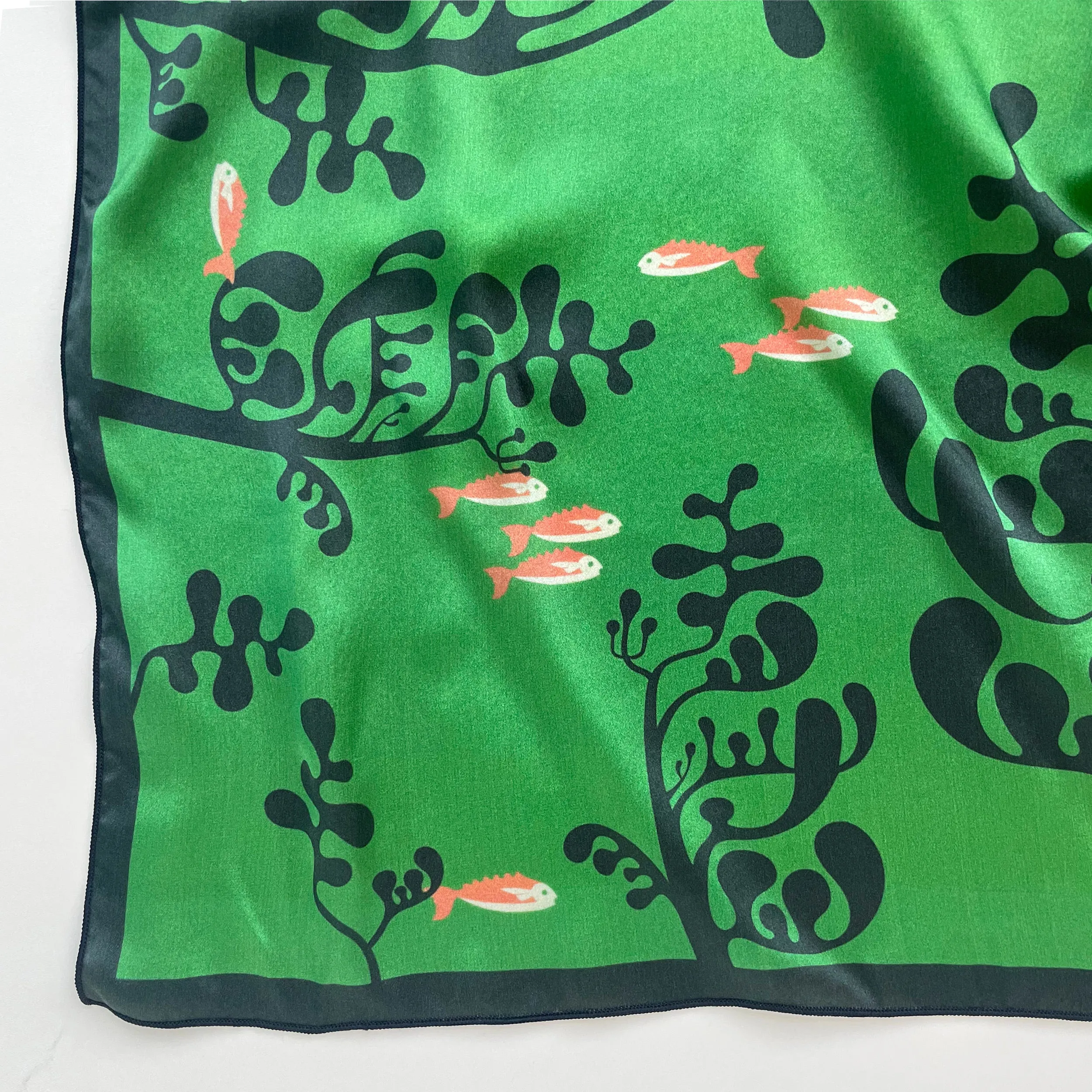 Under Water - Green silk scarf with little pink fish