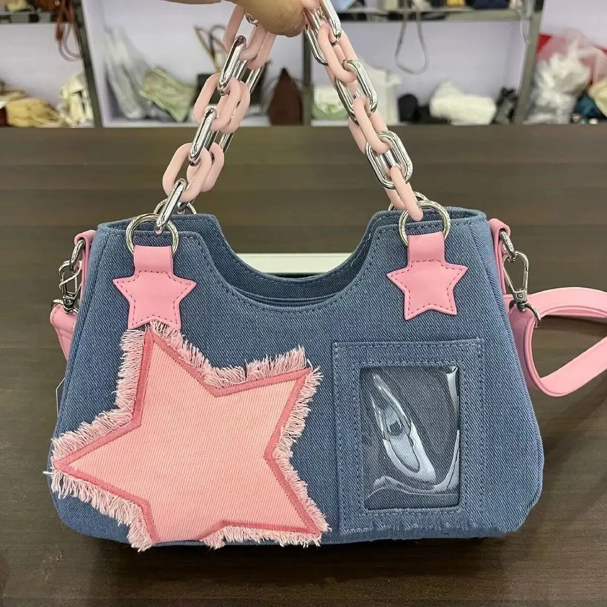 Uniwim Getadme Y2K Vintage Korean Fashion Shoulder Underarm Harajuku Star Tote Denim Bag Chain Ladies Bags Zip Purses Bagutte Handbags Women