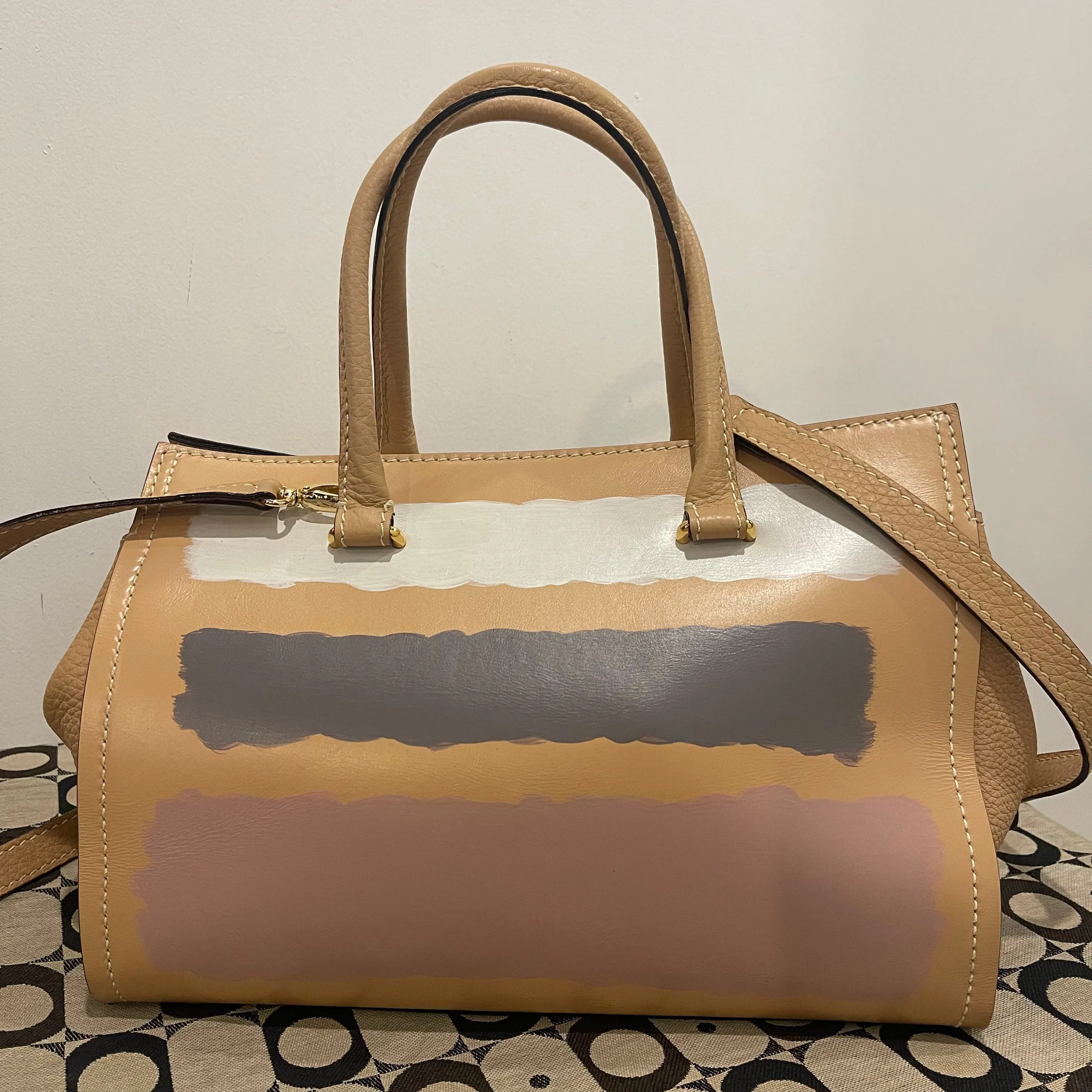 VBH Italian Luxury Tan/Peach Leather Multicolor Hand Painted Satchel Handbag