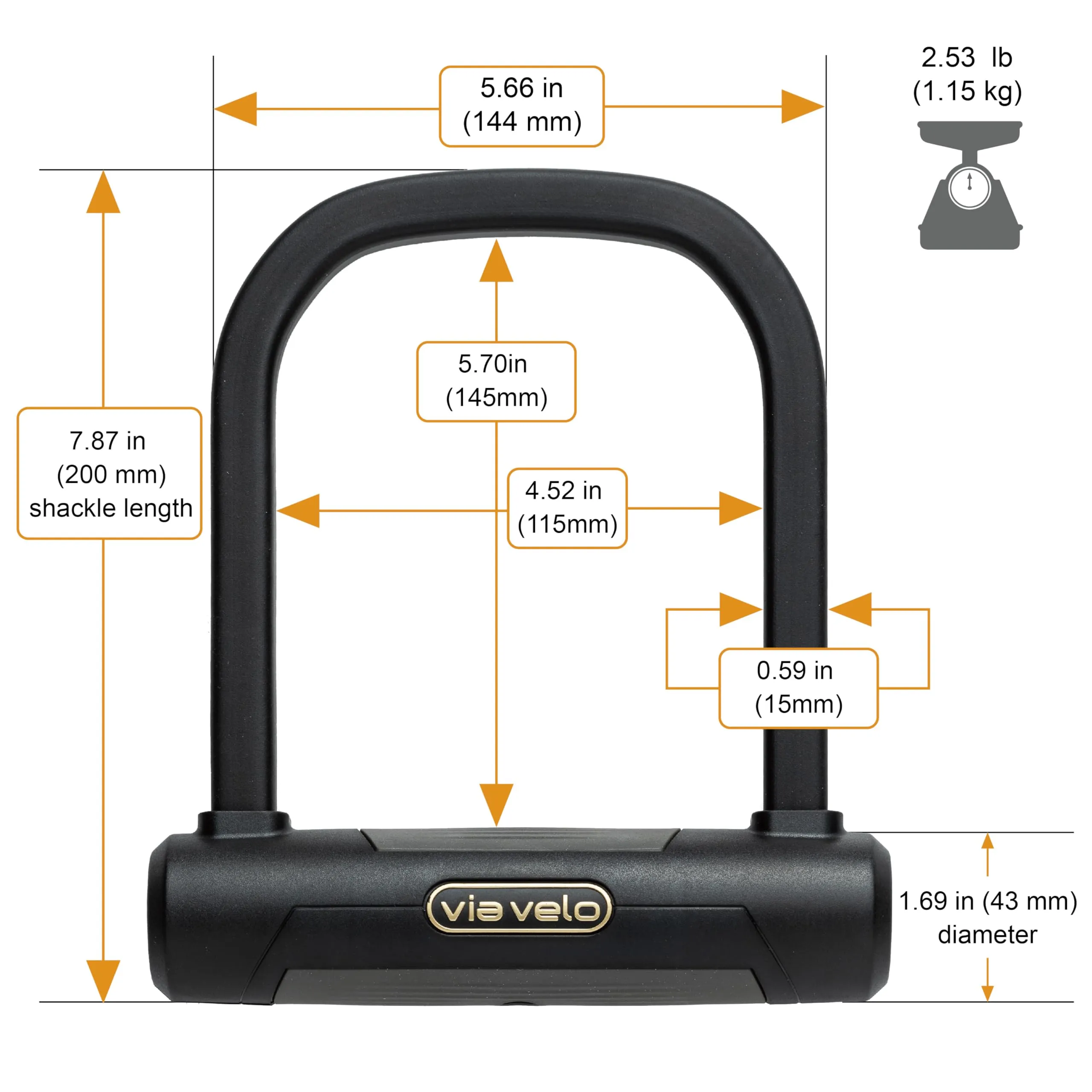 Via Velo Bike U Lock - Heavy Duty 17mm Shackle, 4.7" x 5.7" Interior, Sold Secure Diamond Certified, Anti-Theft 20CrMnTi Steel for Electric Bikes, Scooters & Folding Bikes