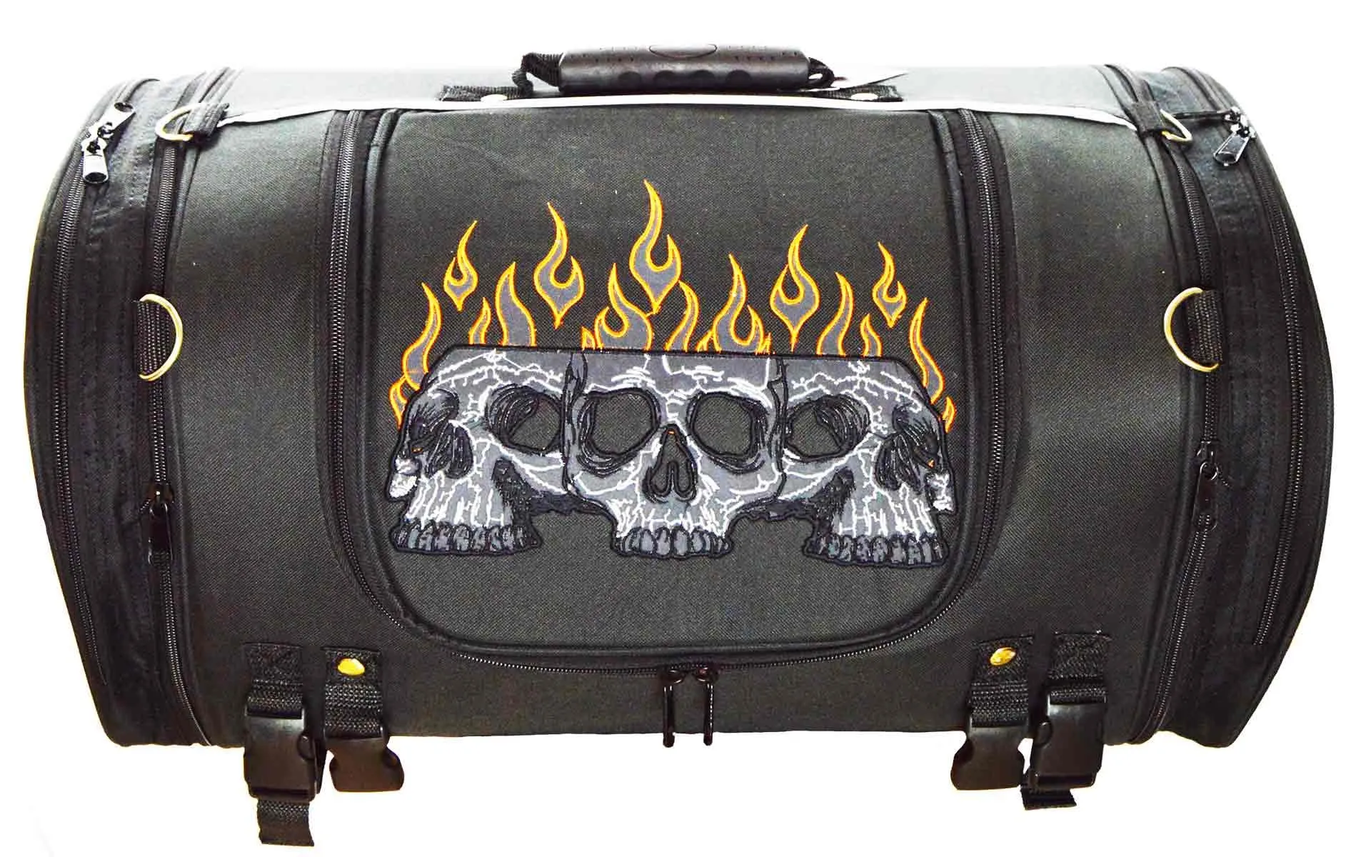 VS364 Vance Textile Trunk Bag w/Expandable Sides & Reflective Skull w/Colored Flame Embroidery