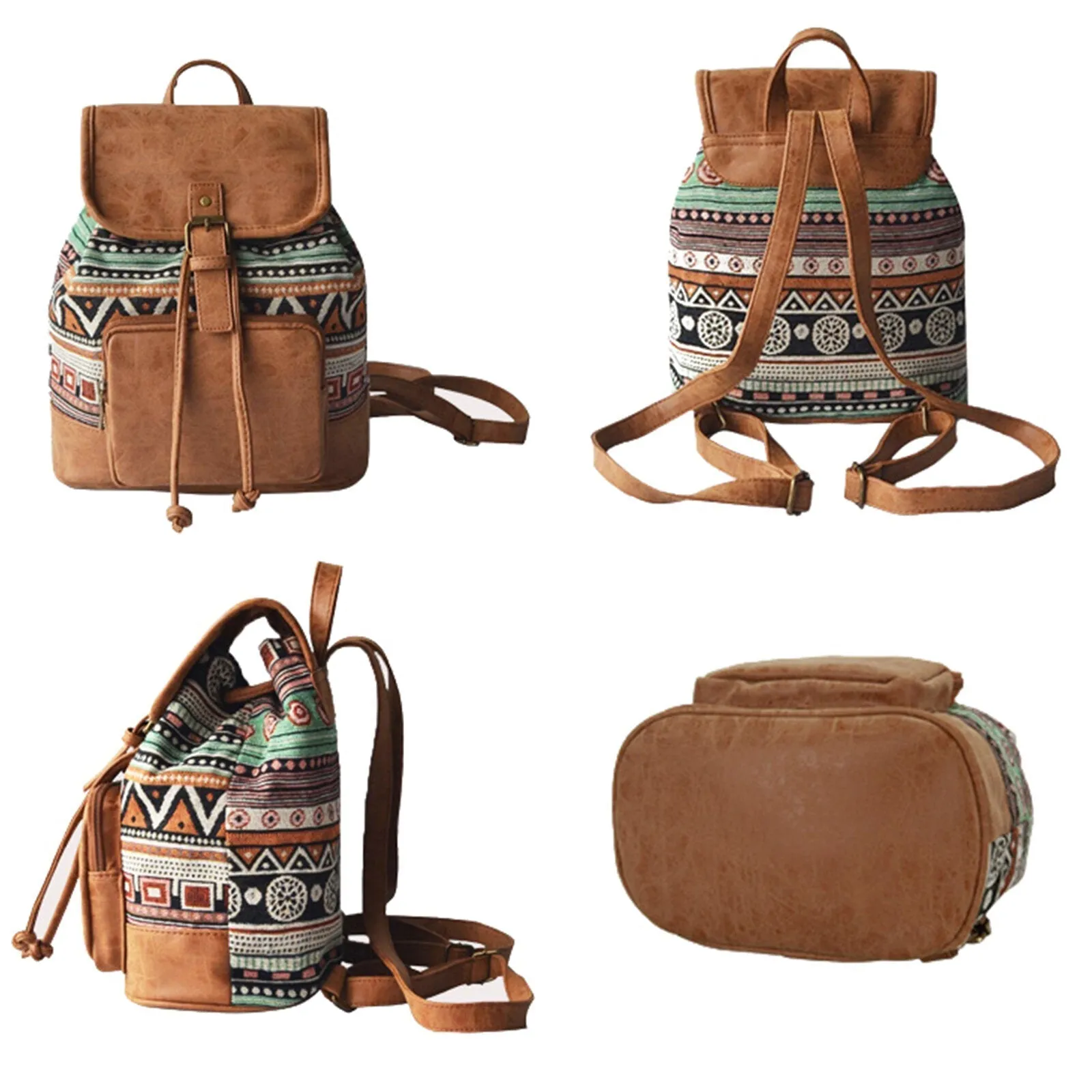 Women Canvas Fabric Vintage Ethnic Pattern Bohemian Backpack Adjustable Strap Casual Bag