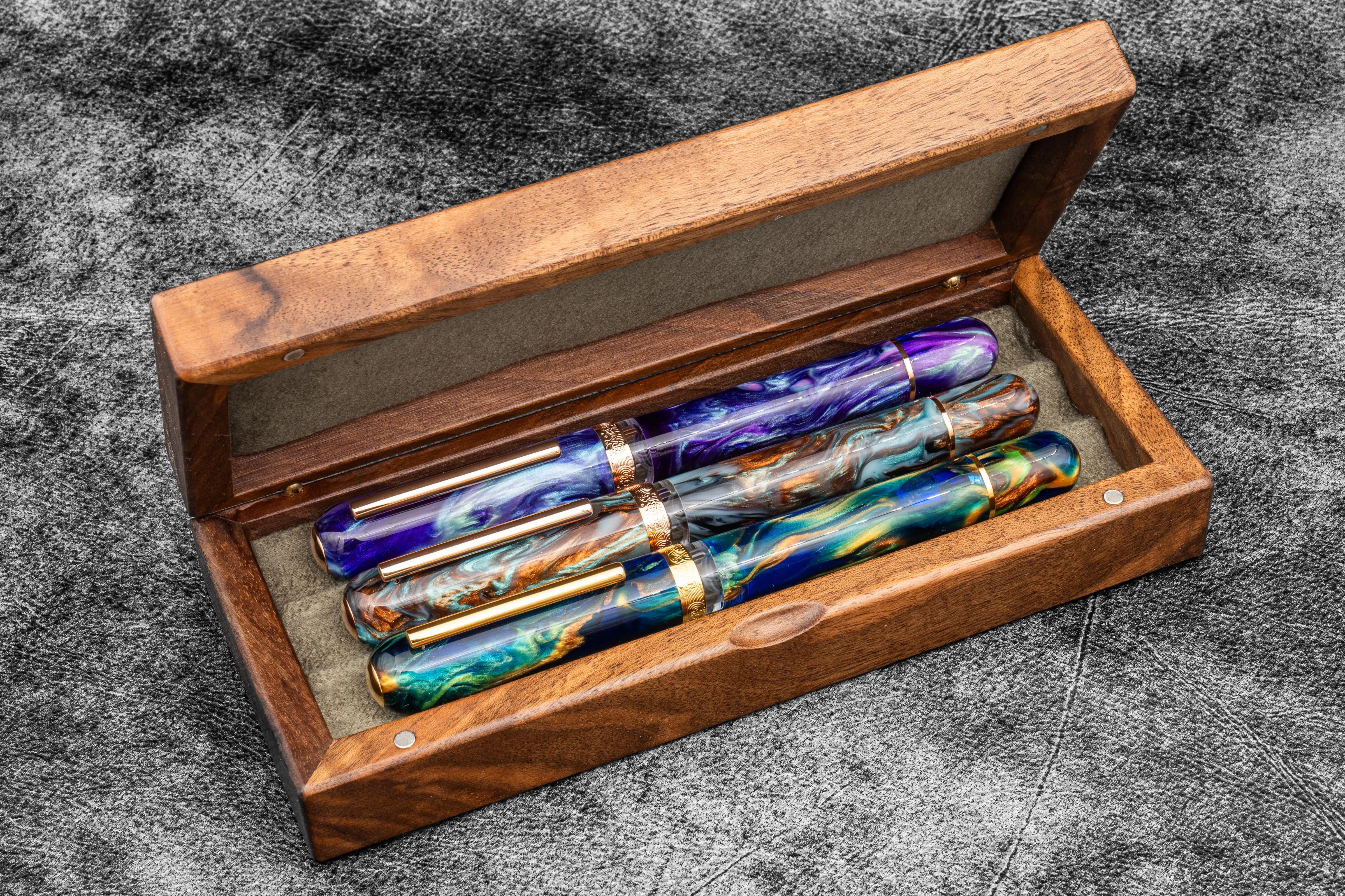 Wooden Pen Display Case with Lid - Burl Walnut