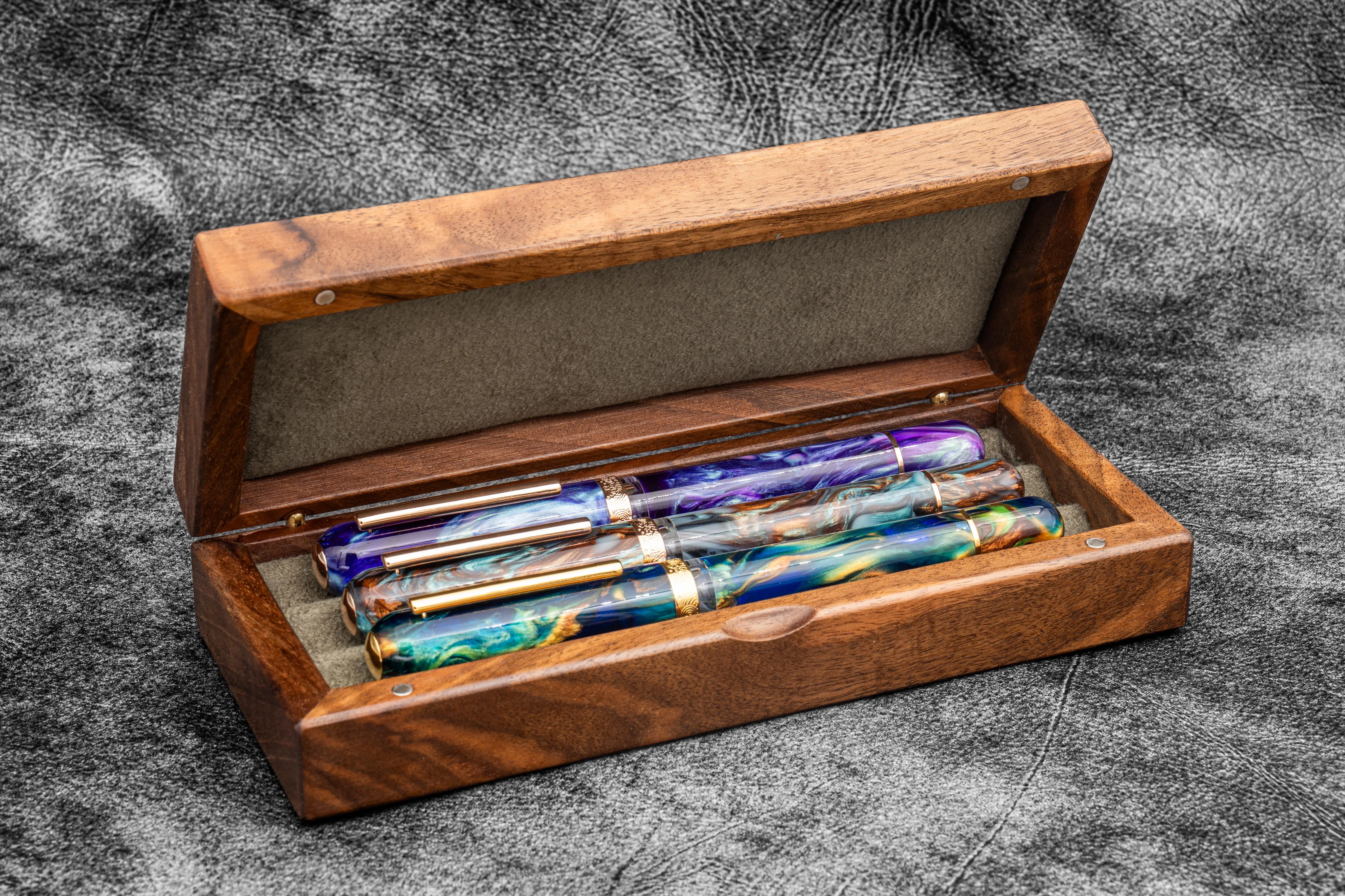 Wooden Pen Display Case with Lid - Burl Walnut