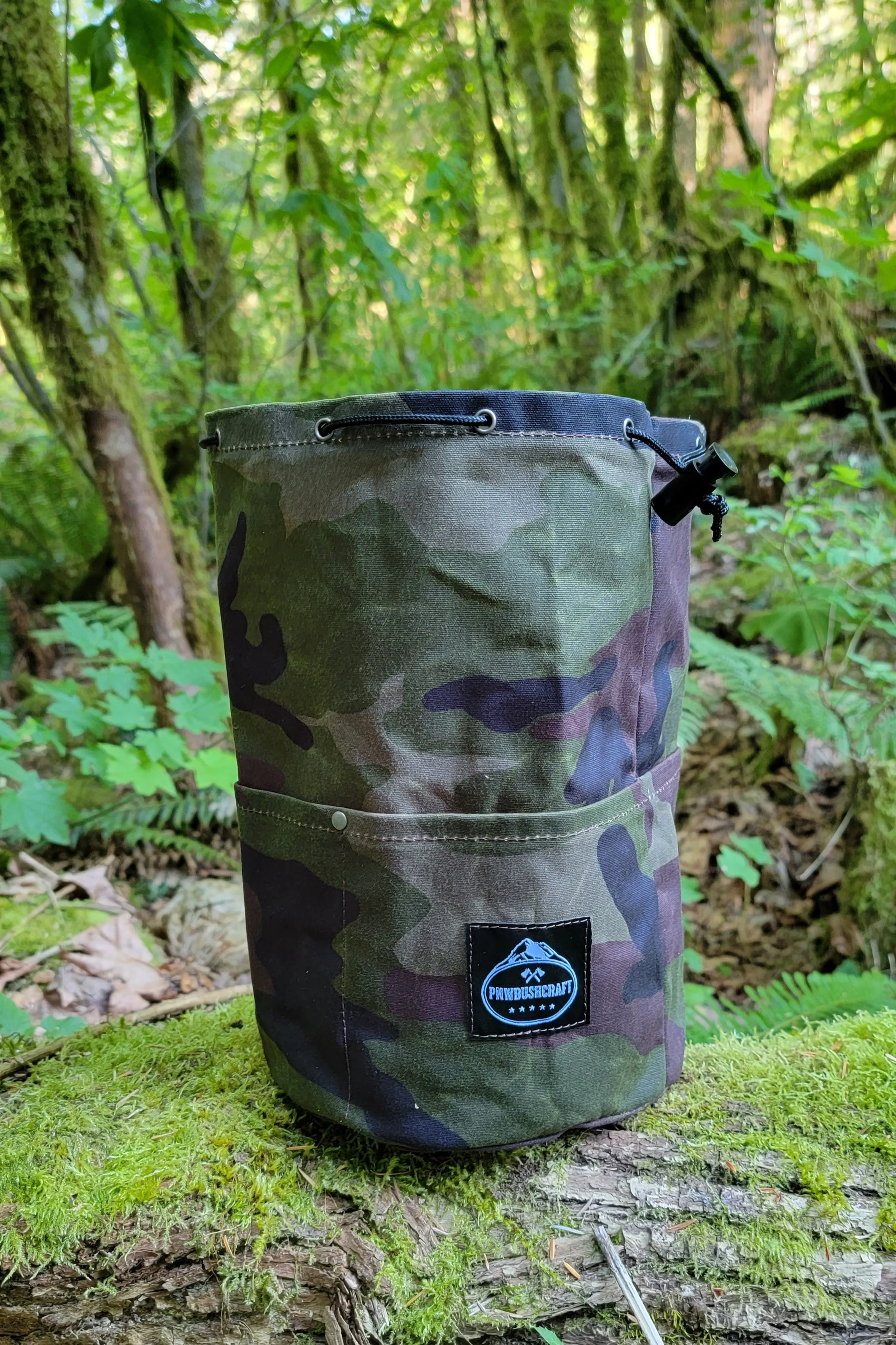 Woodland Camo Cedar Bucket Bag with Outside pockets Available in 5 sizes Perfect for Organizing Your Kit