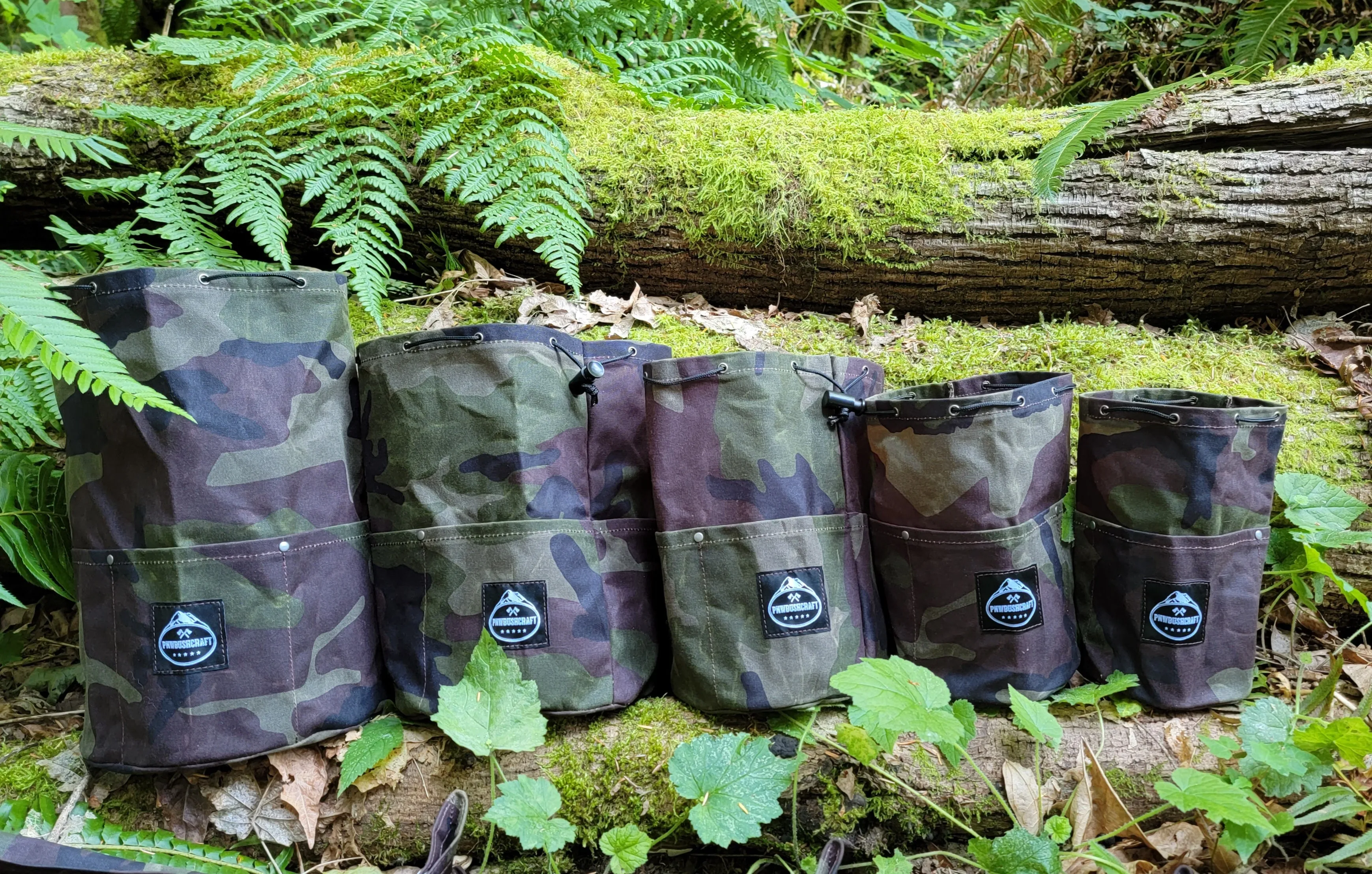 Woodland Camo Cedar Bucket Bag with Outside pockets Available in 5 sizes Perfect for Organizing Your Kit