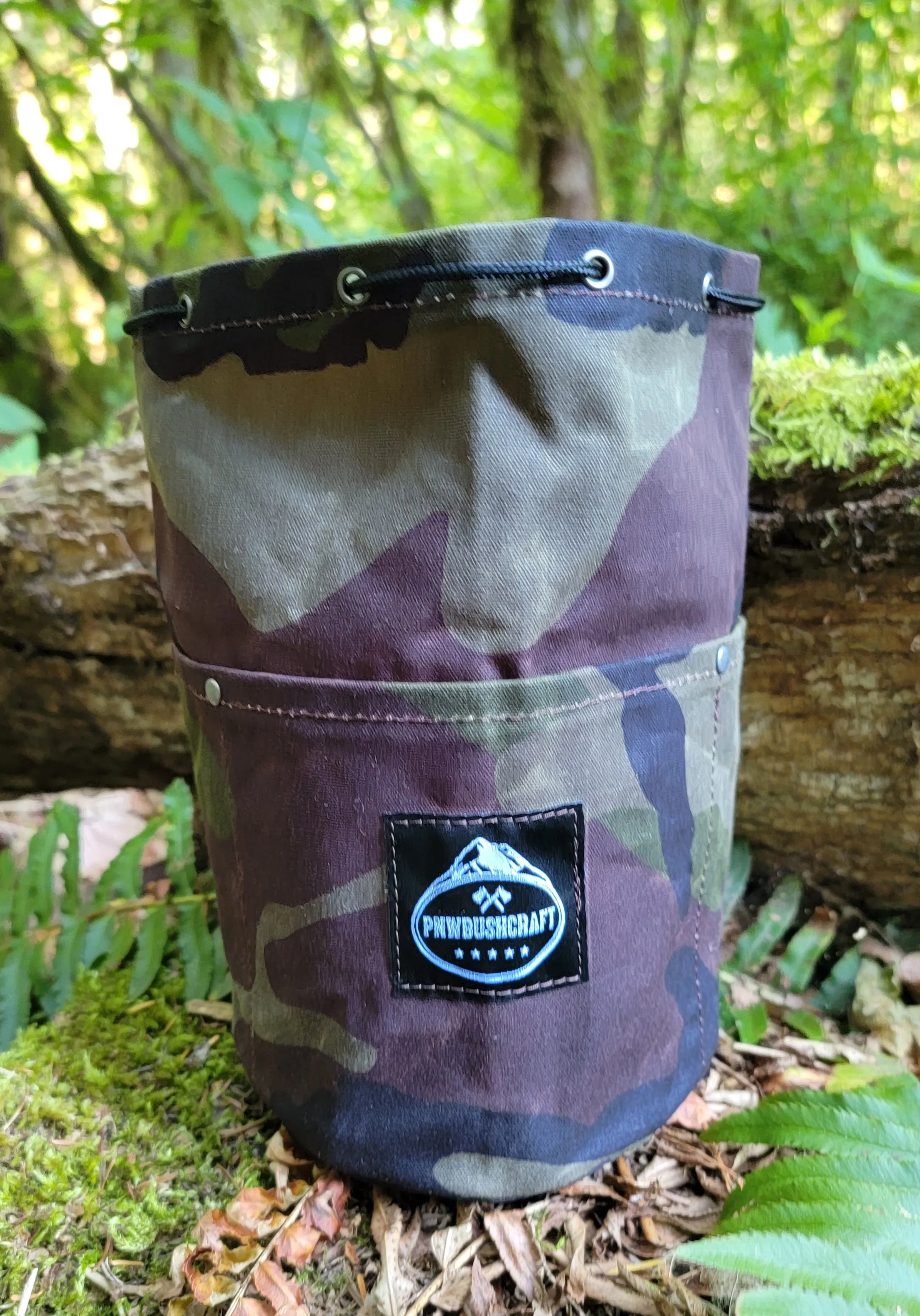 Woodland Camo Cedar Bucket Bag with Outside pockets Available in 5 sizes Perfect for Organizing Your Kit