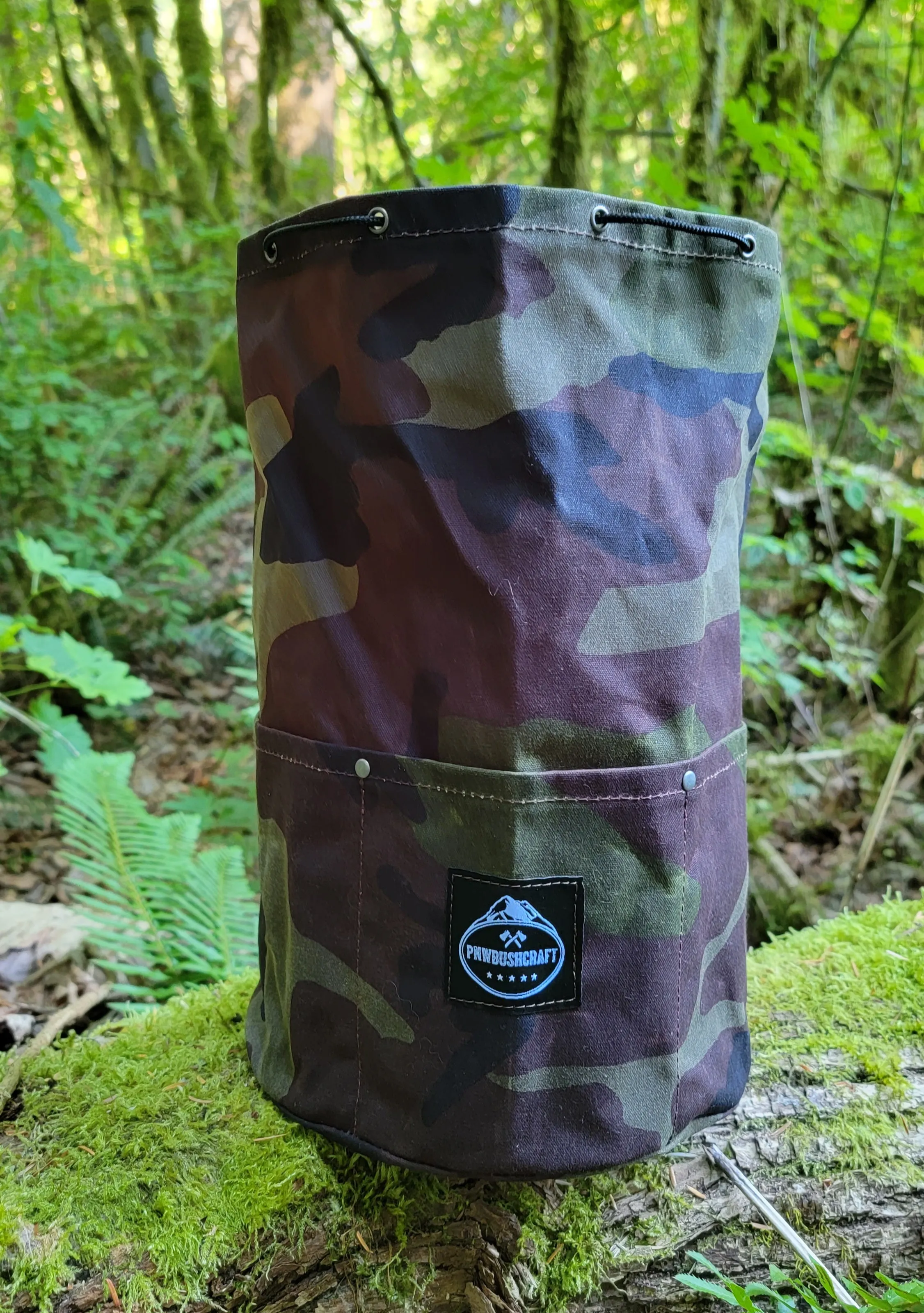 Woodland Camo Cedar Bucket Bag with Outside pockets Available in 5 sizes Perfect for Organizing Your Kit