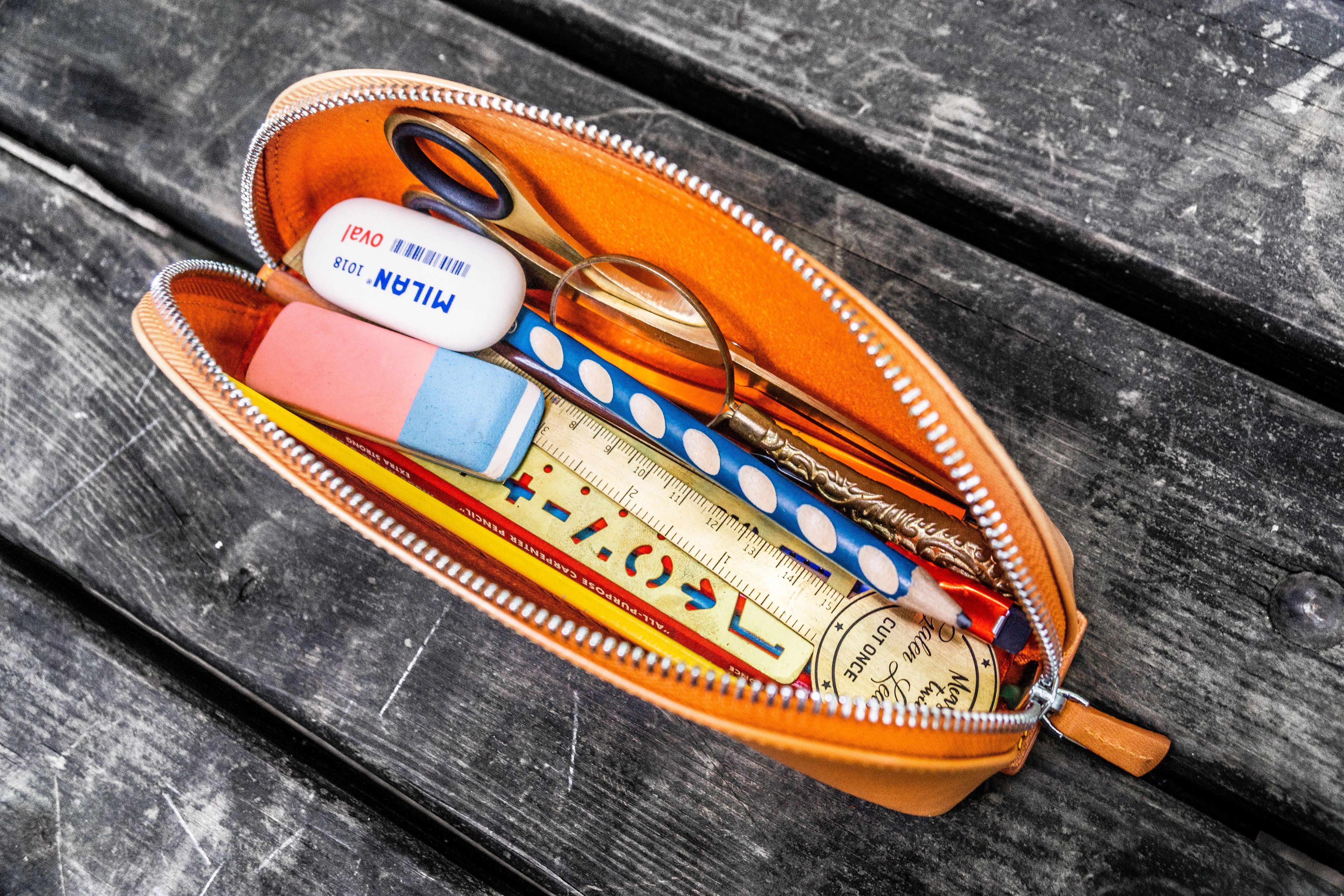 XLarge Zipper Leather Pencil Case - Orange