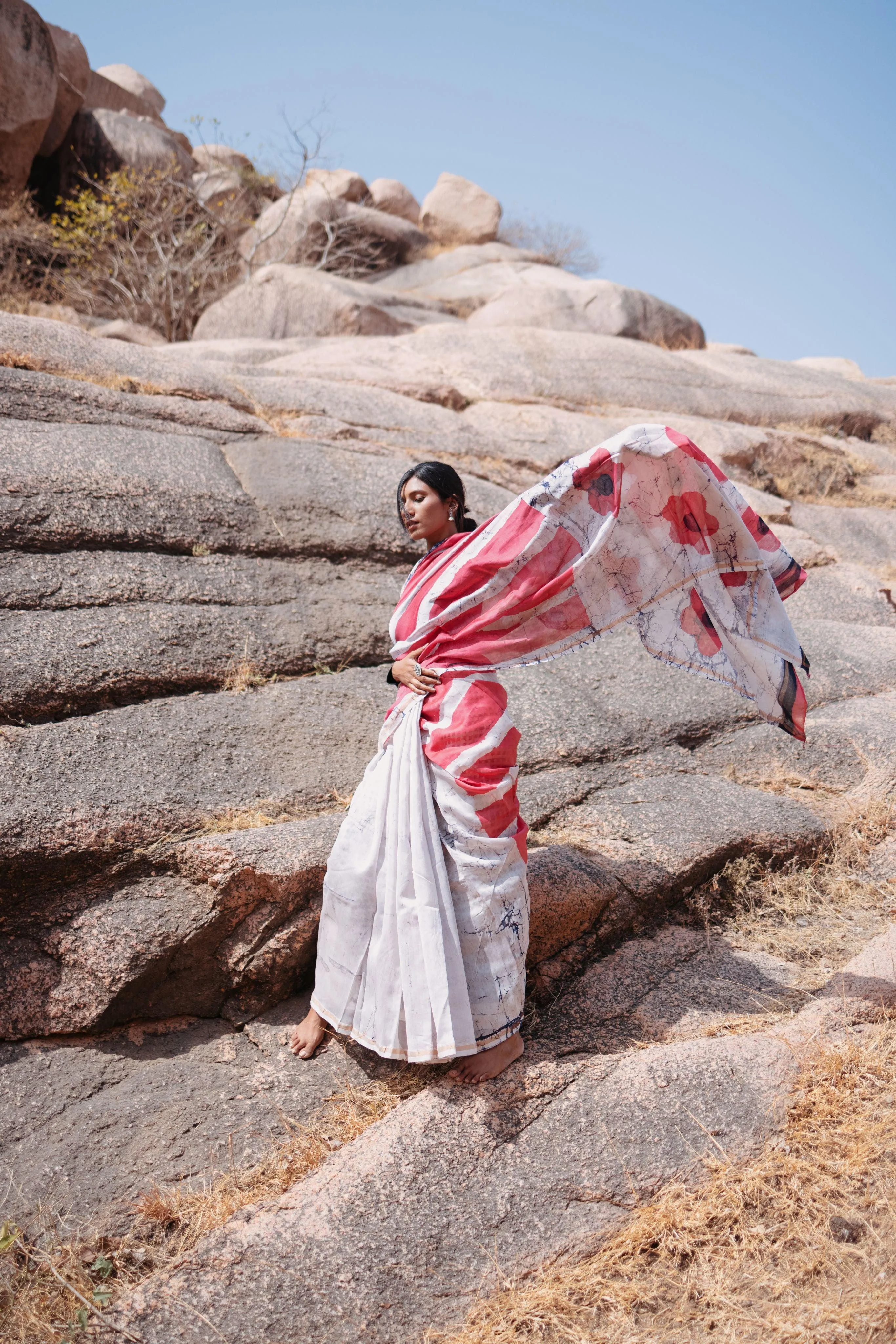 Zahra Batik dye white pink Silk cotton Saree